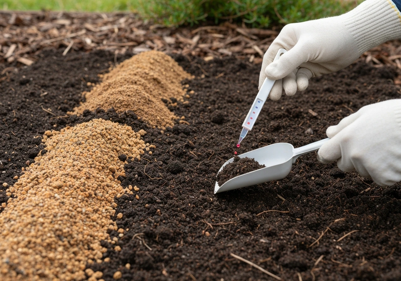 Close-up of hand testing acidic soil pH in an azalea bed with amended gritty soil and garden tools