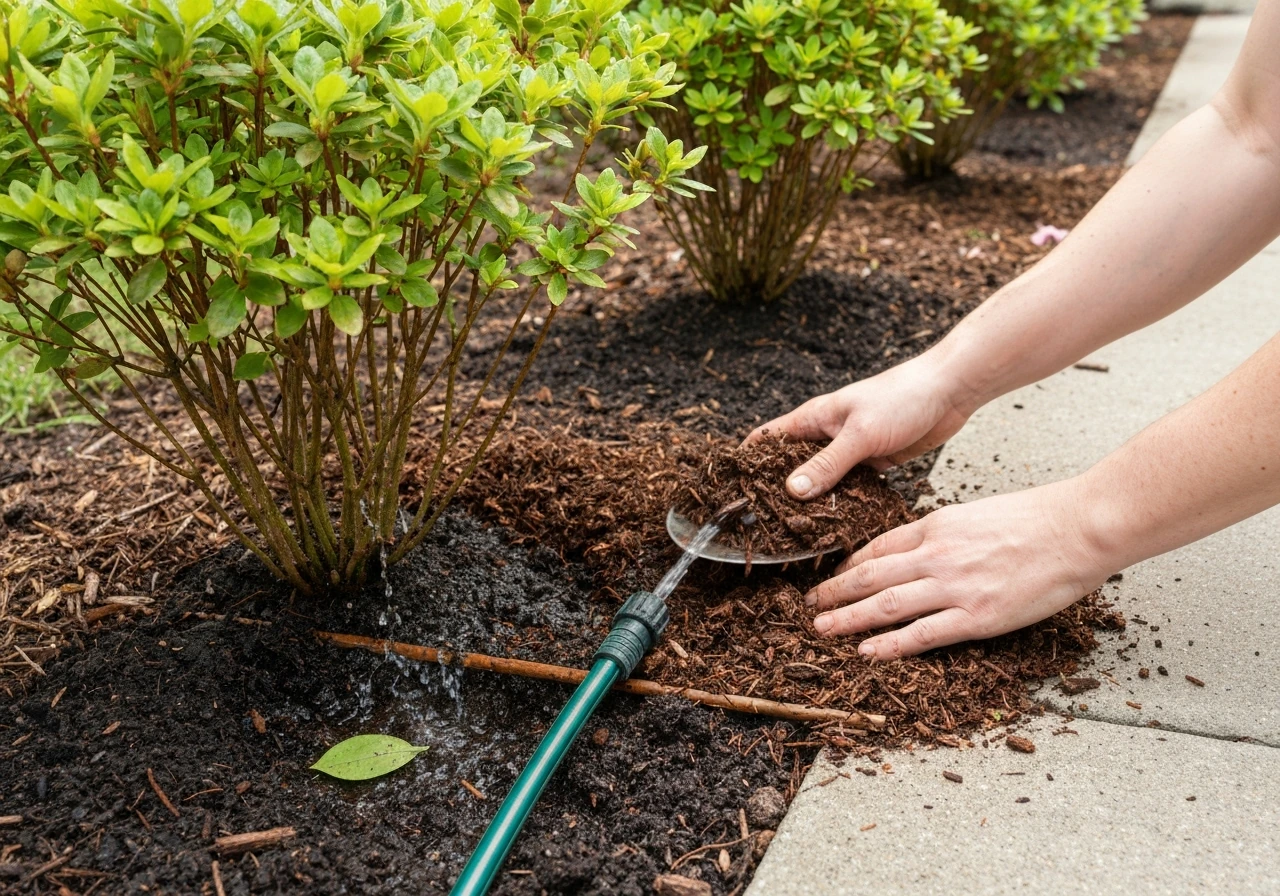 Soaker hose watering azalea roots while fresh mulch is spread around the base.