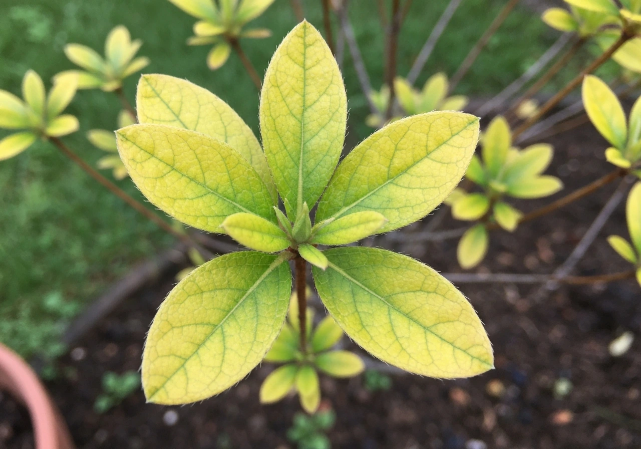 Close-up of yellow azalea leaves with green veins, indicating iron chlorosis.