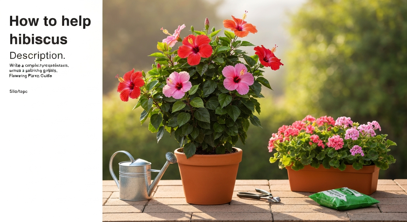Healthy tropical hibiscus shrub in a terracotta pot with bright blooms and gardening tools on a sunny patio.