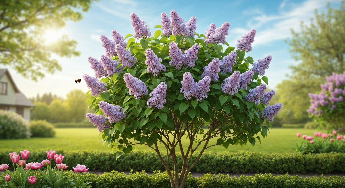 Mature Syringa vulgaris shrub in full spring bloom with lavender panicles in a cottage garden.