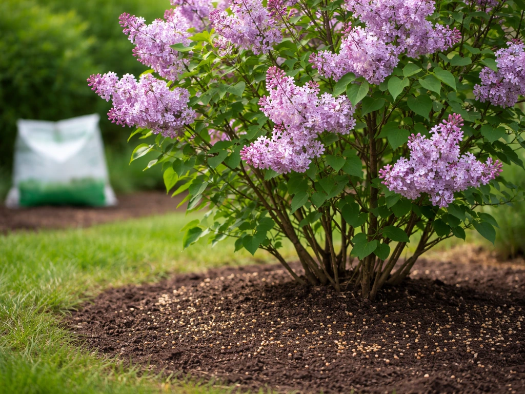 Blooming lilac shrub with soil and drip-line area in focus, subtle blurred garden fertilizer bag in background