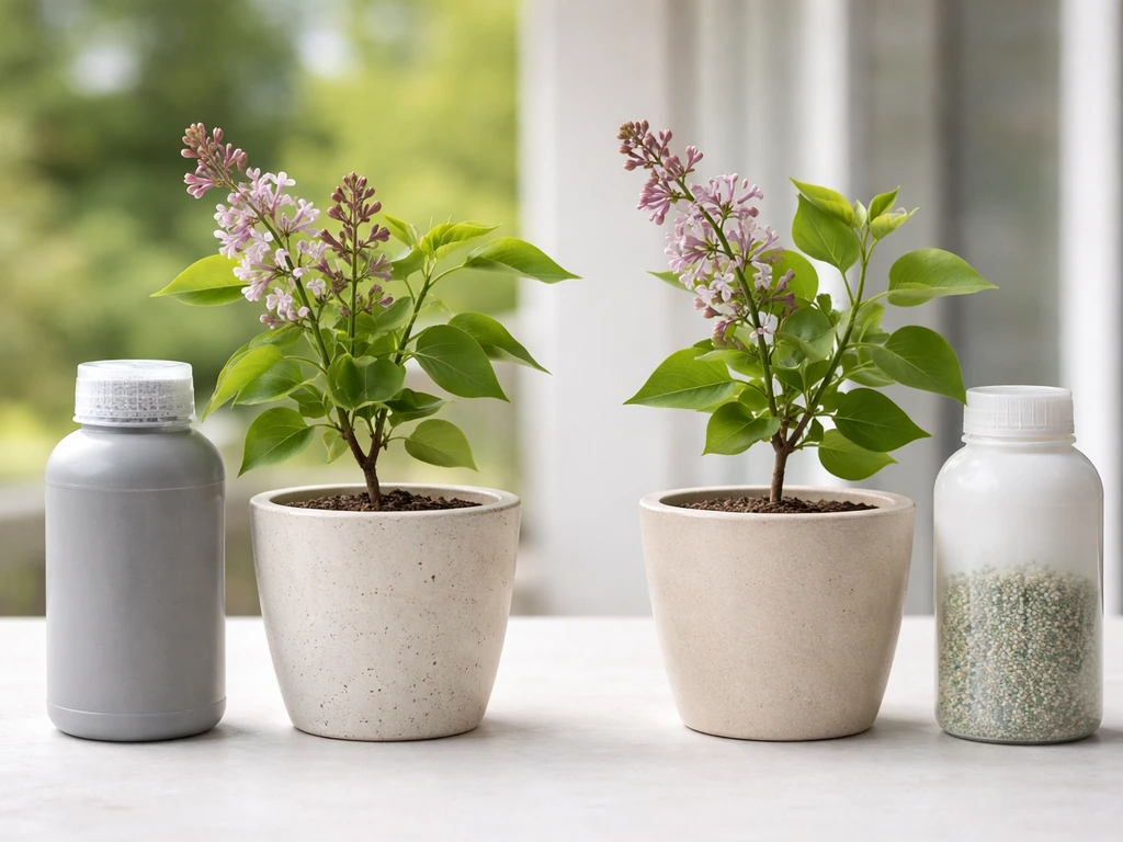 Two potted lilac branches beside two plant-food containers to suggest which is slow-release vs high-nitrogen