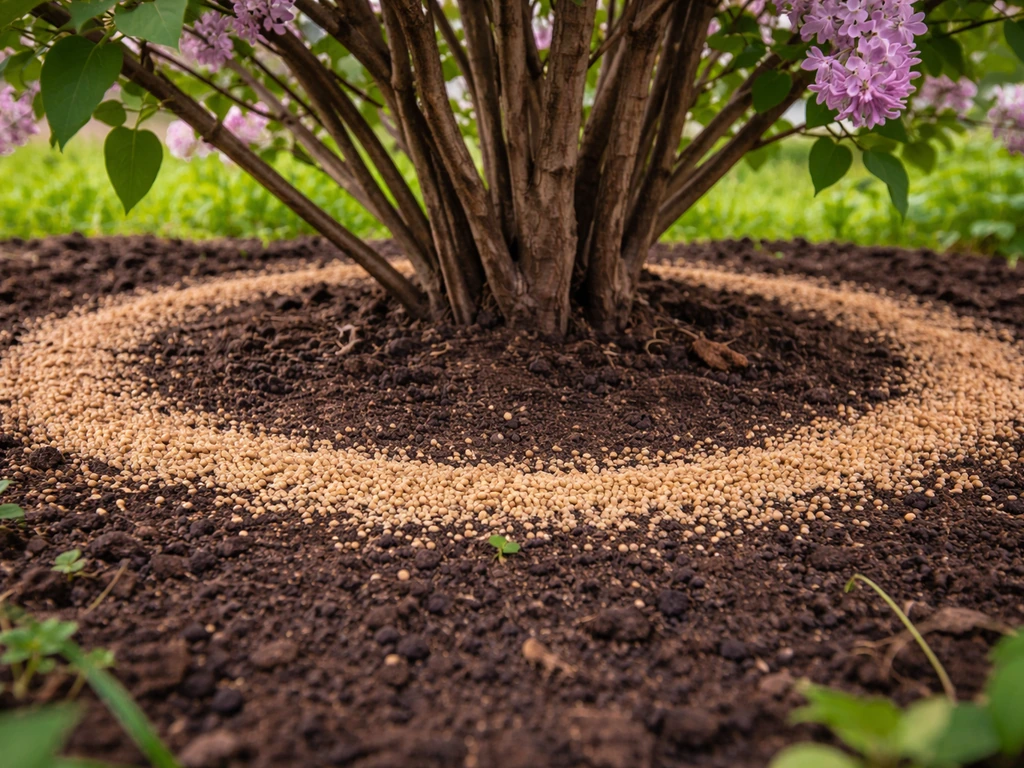 Granules evenly spread in a clean ring on soil around the base of a flowering lilac shrub.