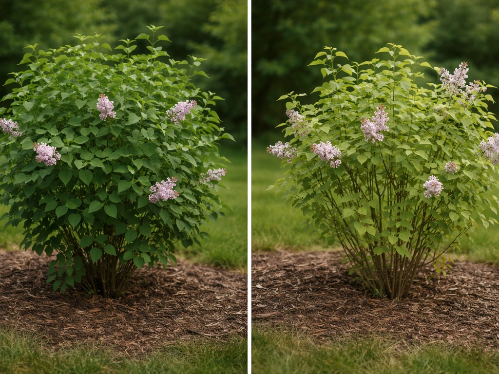 Split-view of lilac plant symptoms: lush dark leaves with fewer blooms vs pale leaves with smaller flower clusters.