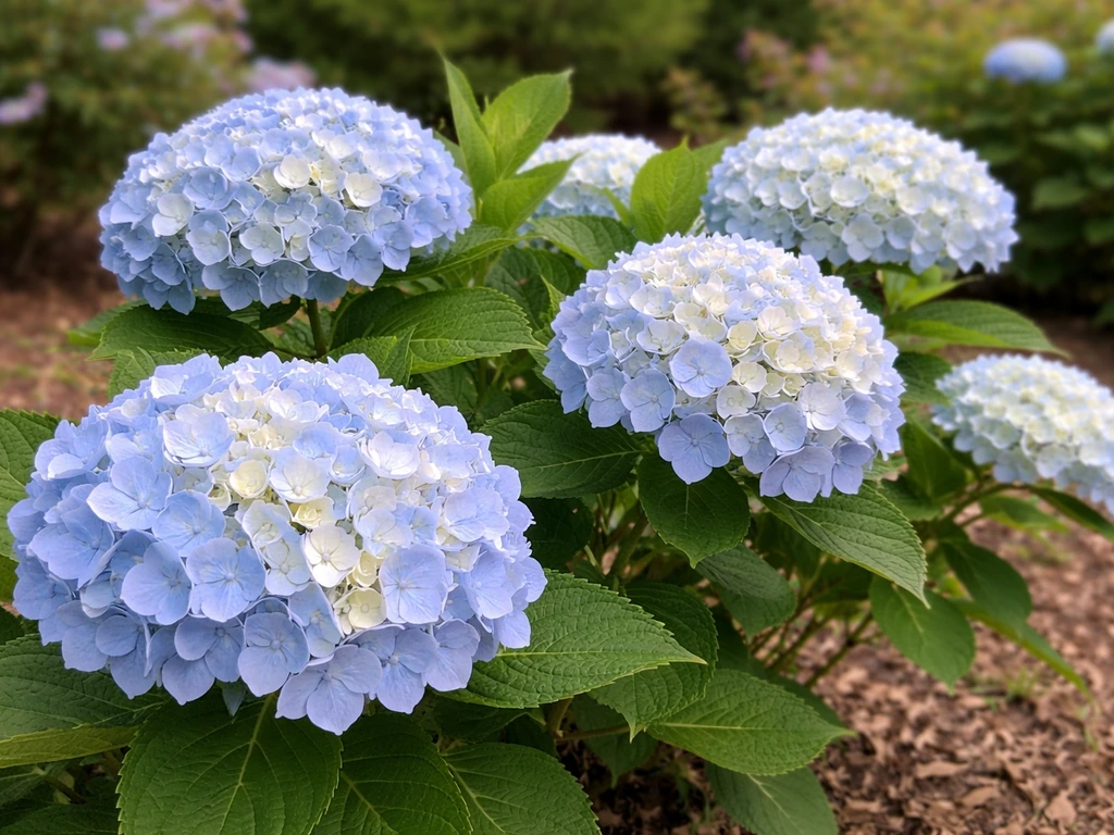 Close-up of healthy blue hydrangea blooms with lush green leaves in an NZ-style garden