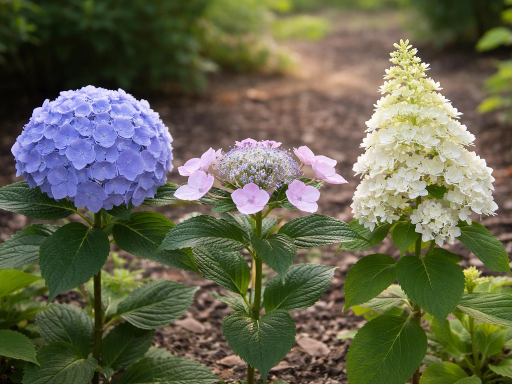 Three hydrangea types side-by-side showing mophead, lacecap, and panicle flower shapes in a garden.