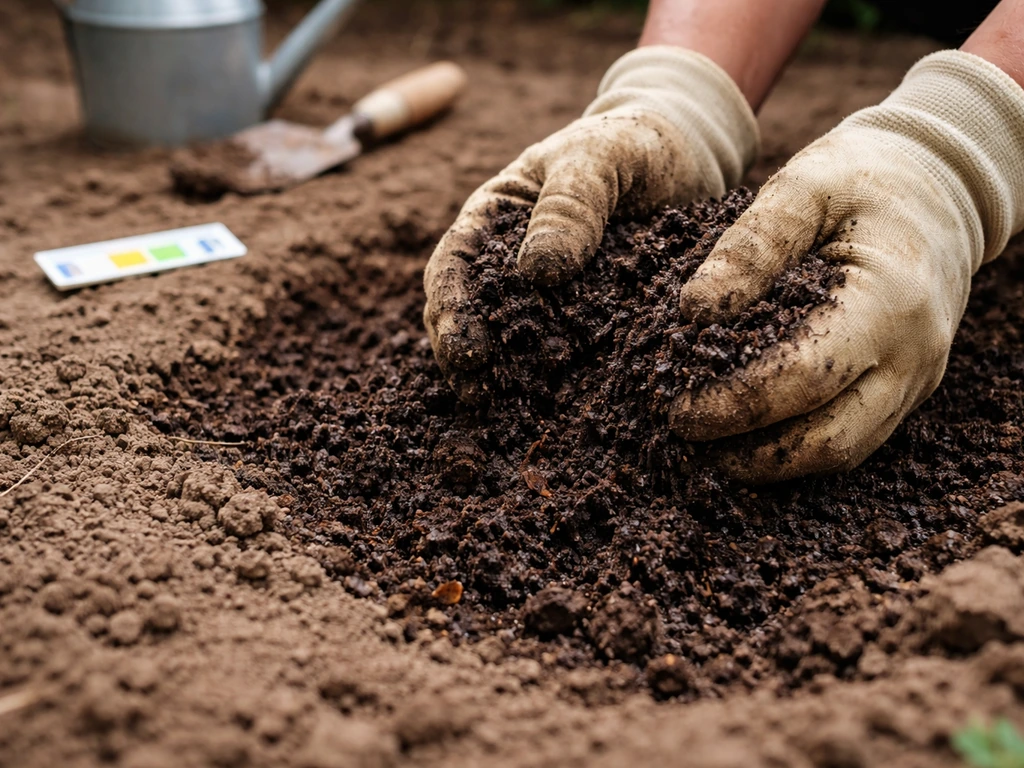 Gardener hands mix compost into excavated soil beside pH testing paper for hydrangea soil prep.