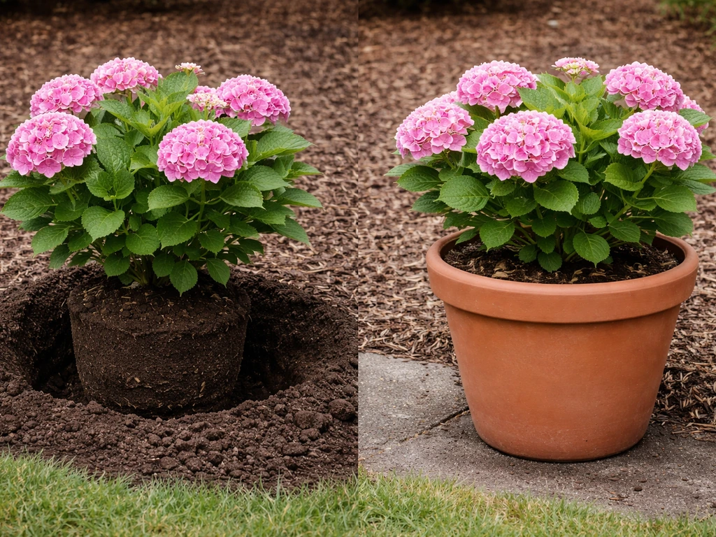 Two hydrangeas side-by-side: one newly planted in soil, the other in a container with tidy spacing.
