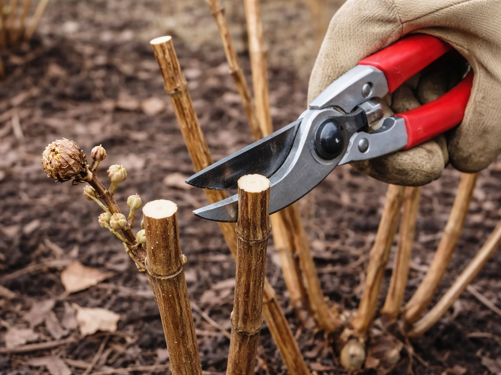Close-up of pruning shears making clean winter cuts on hydrangea stems, highlighting fresh cut ends.