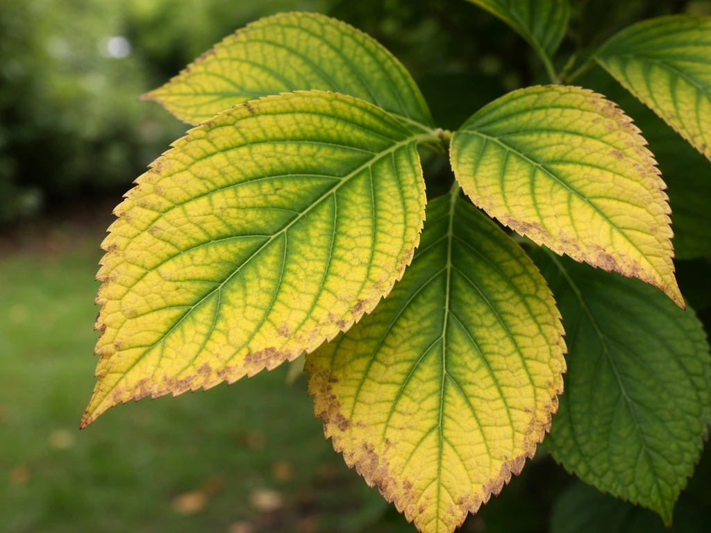 Close-up of hydrangea leaves with yellowing chlorosis and green veins on a twig.