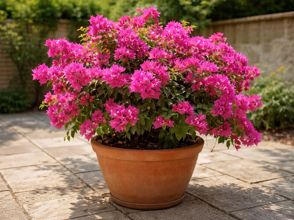 Sunlit bougainvillea in a terracotta pot on a UK patio with bright pink bracts.