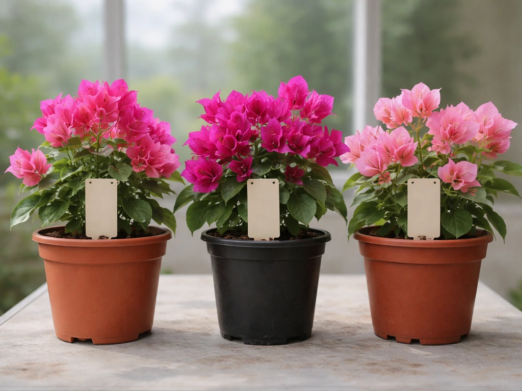 Three bougainvillea plants in small pots on a patio table, vivid bracts and blurred greenhouse background.