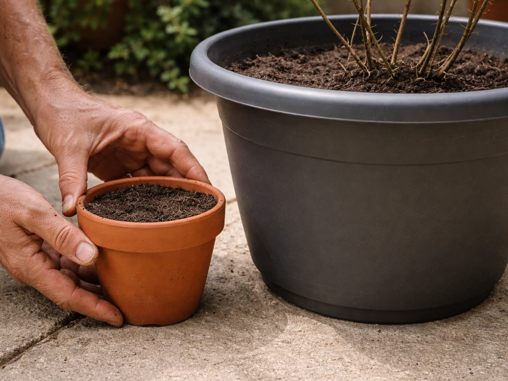 Close-up of small terracotta pot beside an oversized planter to show root restriction for more flowering.
