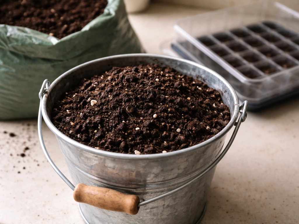 Bucket of dark loam compost with visible perlite/grit and a propagation tray on a garden work surface.