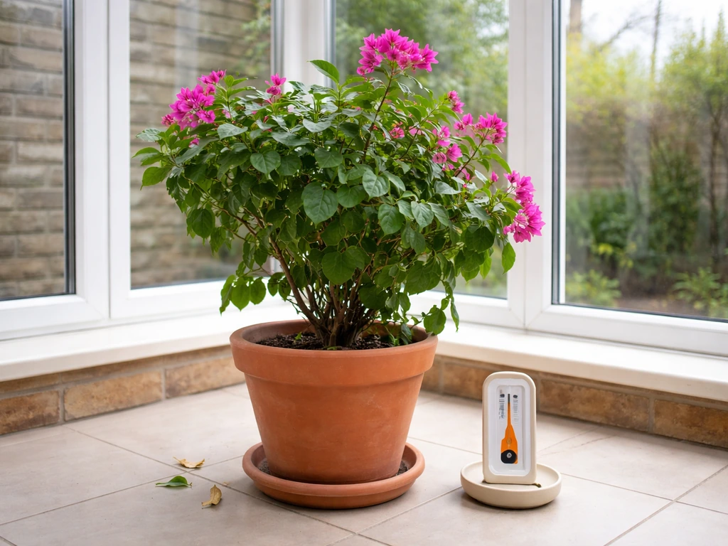 Bougainvillea in a bright conservatory with a nearby thermometer indicating warm overwintering temperatures.