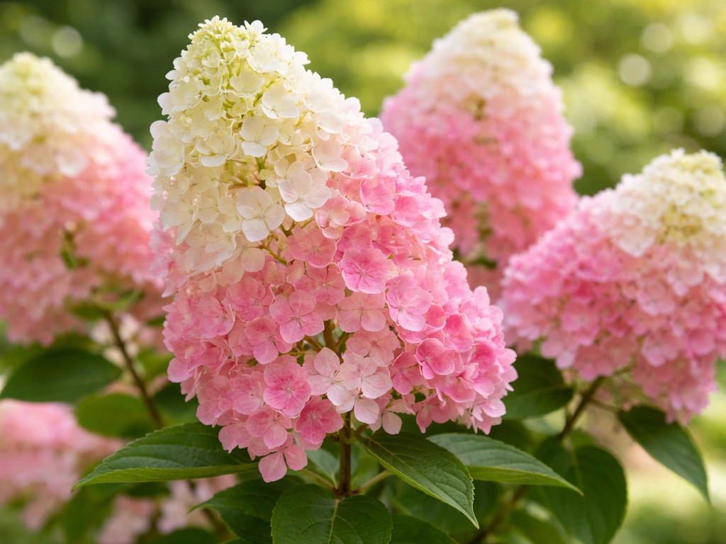 Close-up of vanilla strawberry hydrangea panicles with white-to-pink gradient blooms