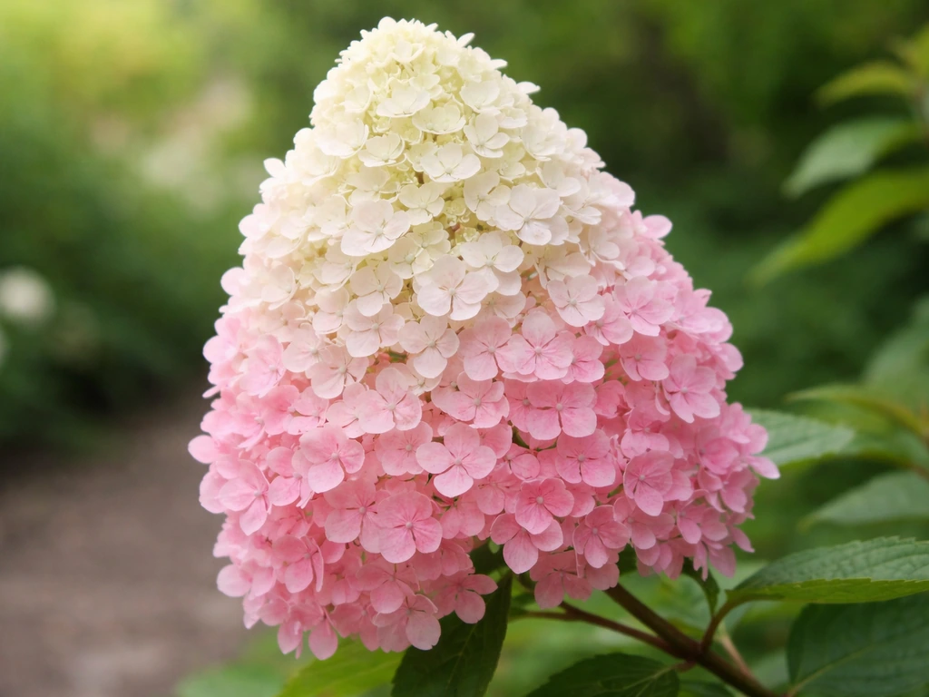 Close-up of Vanille Fraise hydrangea panicles with creamy white to pink cone-shaped blooms.
