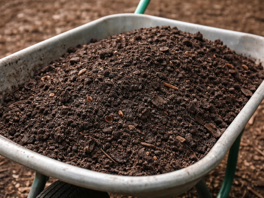 Closeup of acidic, rich soil mix with compost and aged bark in a wheelbarrow ready for planting
