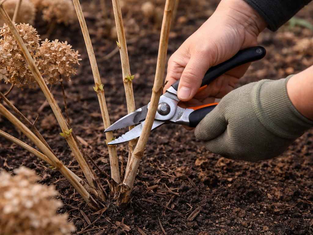 Hands pruning hydrangea paniculata stems with shears, cutting back about one-third to one-half.