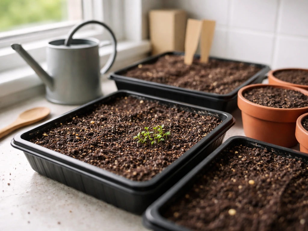 Seed-starting trays on a windowsill with seed-starting mix, hydrated soil, and tiny seedlings.
