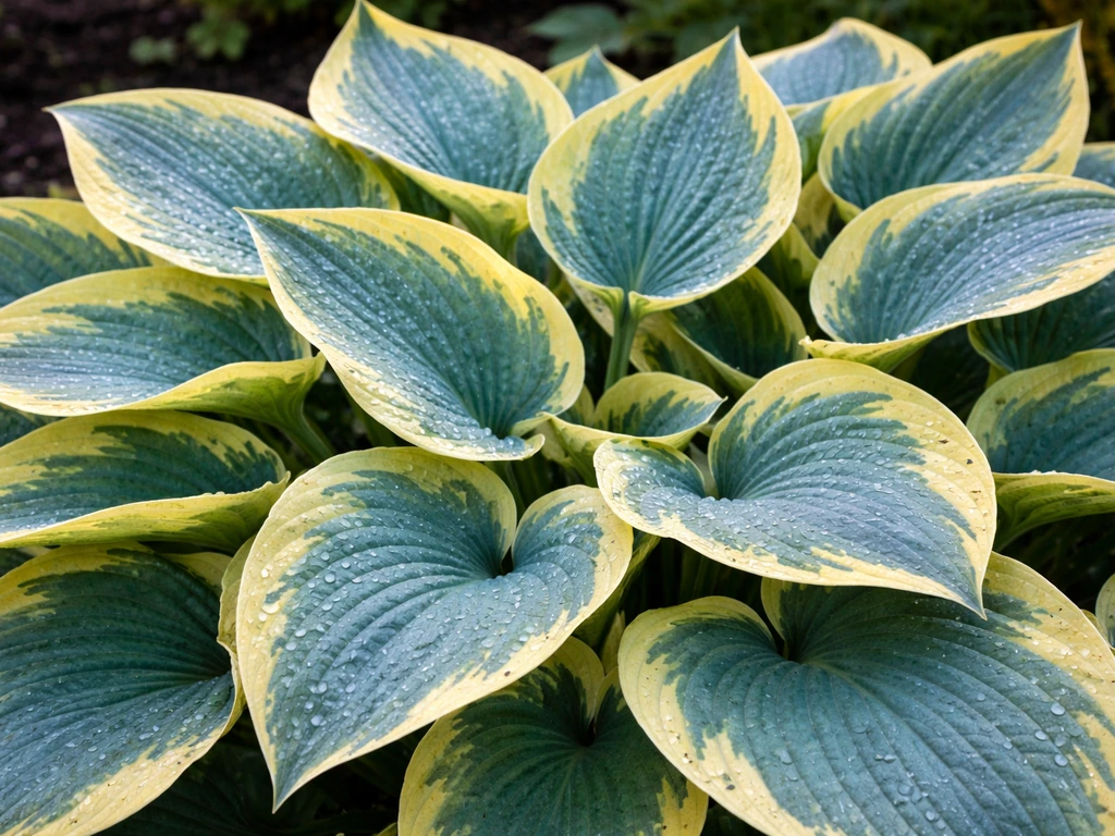 Close-up of Autumn Frost hosta leaves with frosty blue-green centers and creamy yellow margins