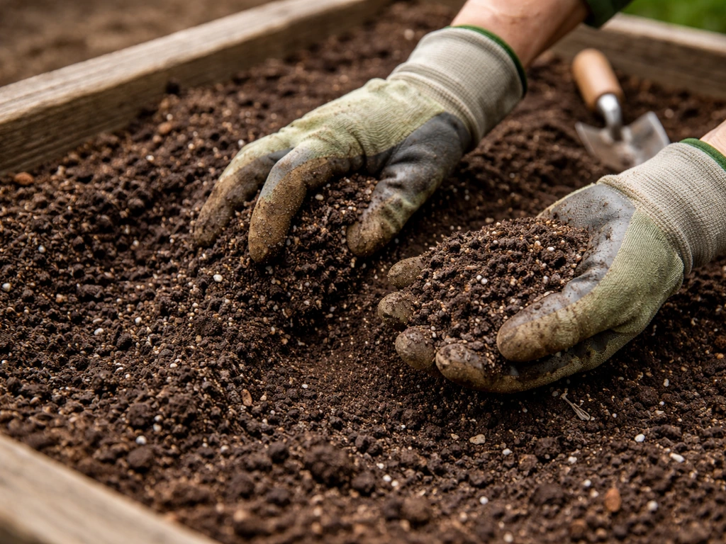 Hands mixing compost into dark garden soil in a raised bed, checking moisture and drainage.