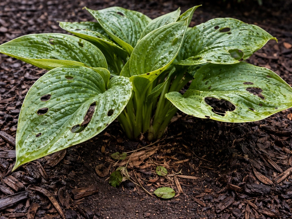 Damaged hosta leaves with irregular holes and pulled-back mulch revealing the crown on bare soil.