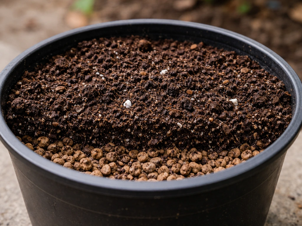 Close-up of a container showing drainage pebbles and aerated compost-amended soil mix.