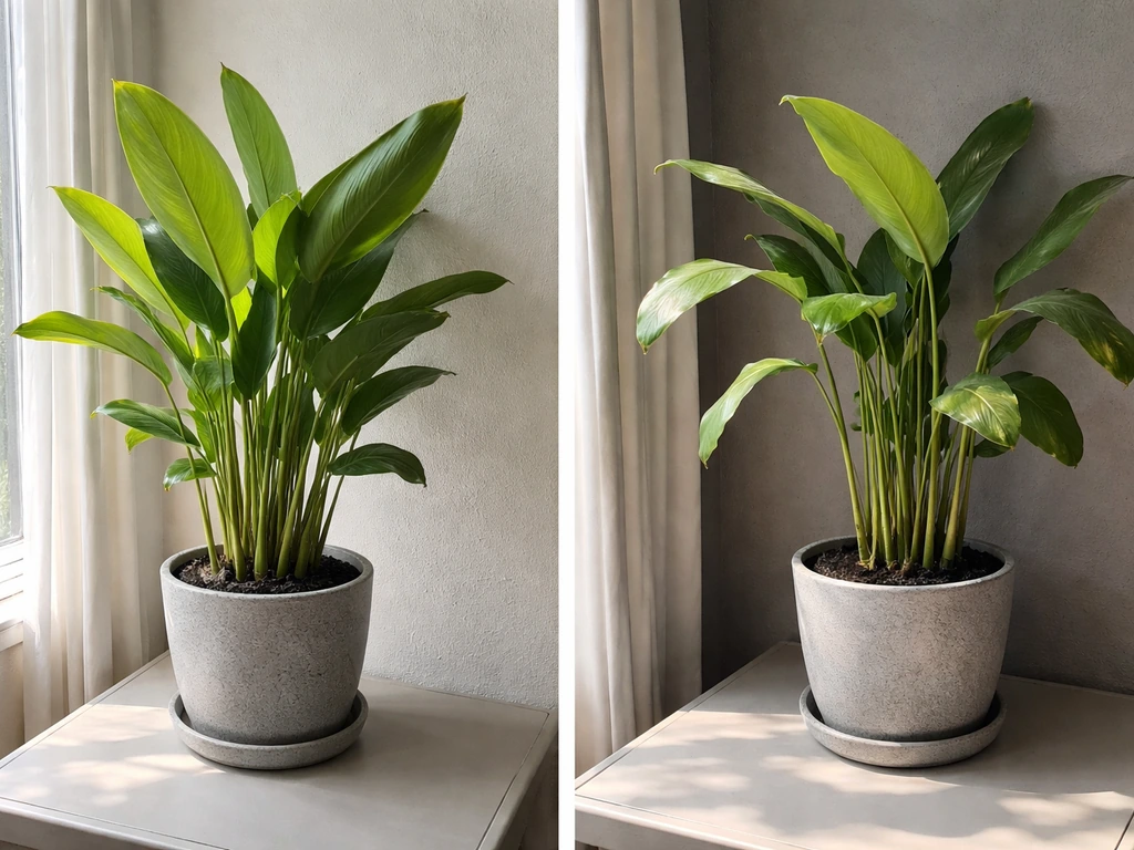 Two potted heliconia plants: one near a bright window, one in shade, both not flowering.