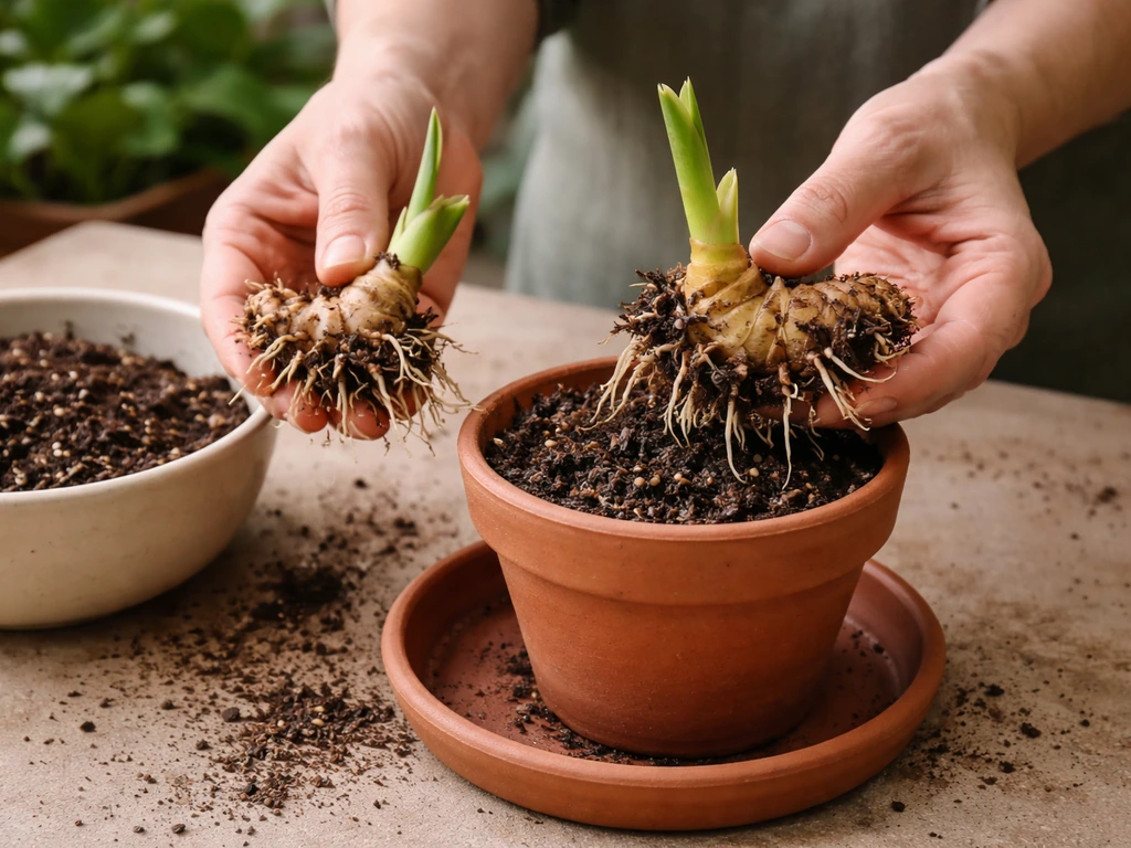 Heliconia rhizome divisions with roots and growth points being placed into pots for repotting.