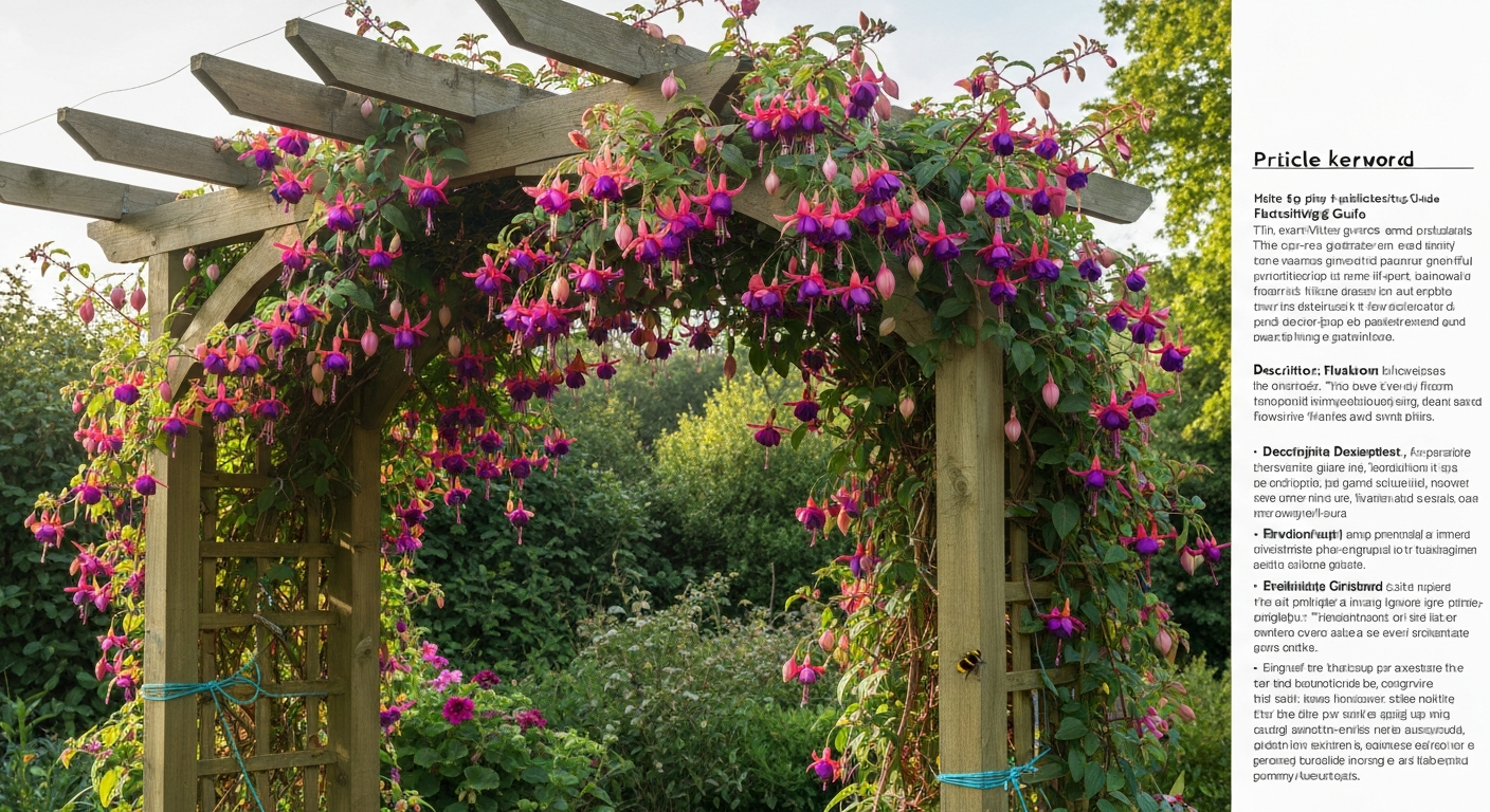 Climbing fuchsia in full bloom trained over a wooden pergola, showing pendant two-toned flowers and tied stems.