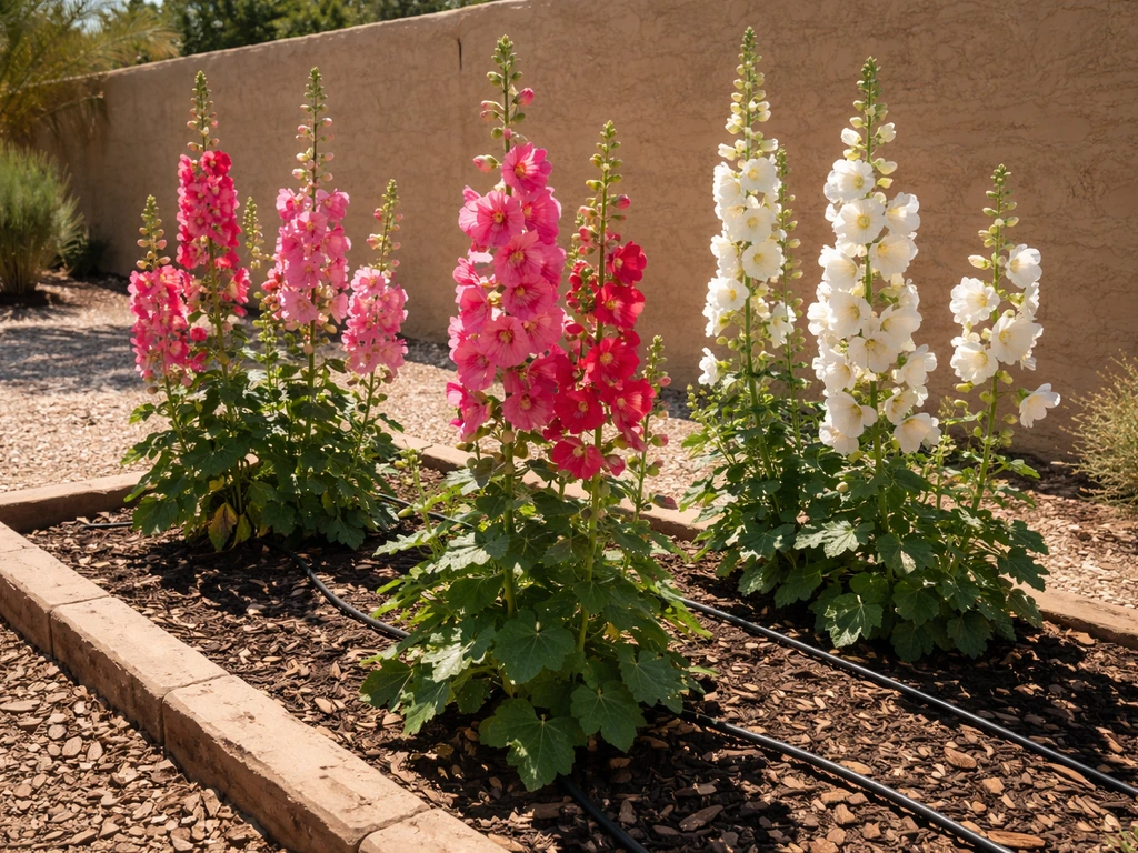Sunlit hollyhocks in a Phoenix backyard bed with mulch and drip irrigation tubing.