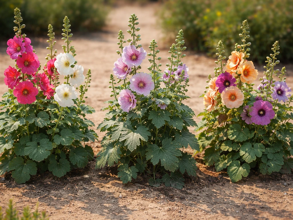 Close-up of hollyhock blossoms and leaves in warm desert light, showing different cultivar textures