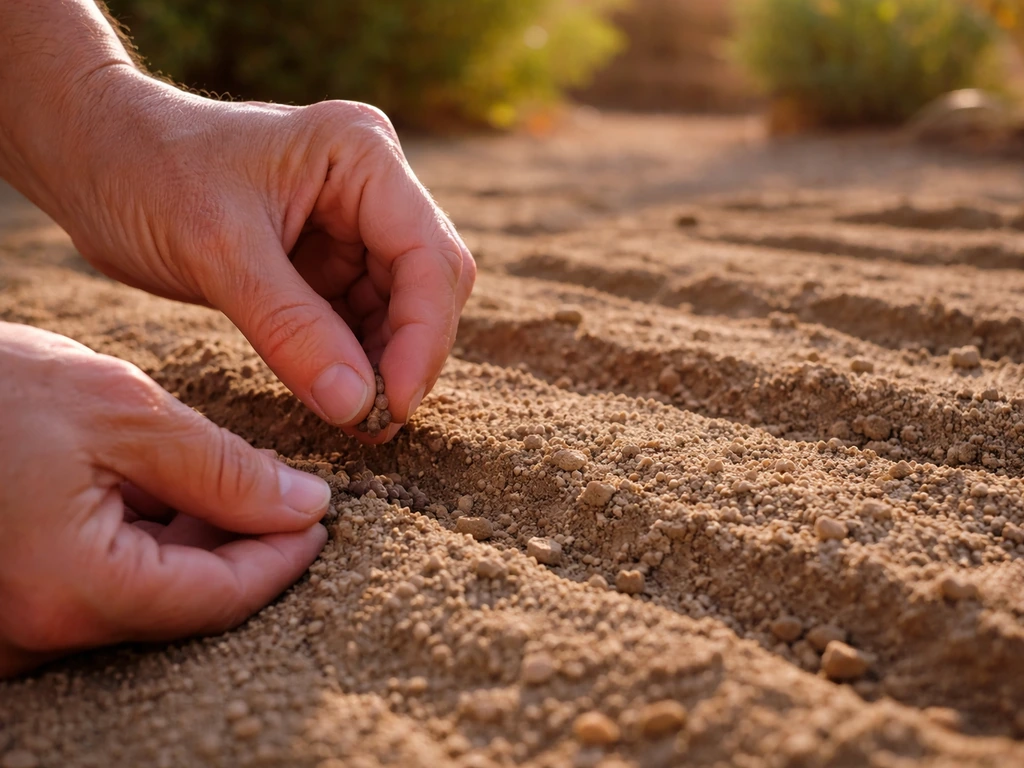 Hands placing hollyhock seeds into spaced seed pockets in a warm outdoor Phoenix planting bed.