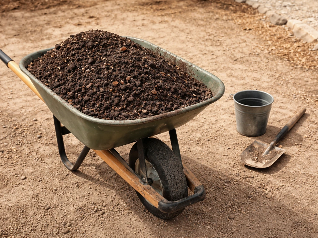 Wheelbarrow filled with dark soil and compost mix in a sunlit Phoenix-style yard.