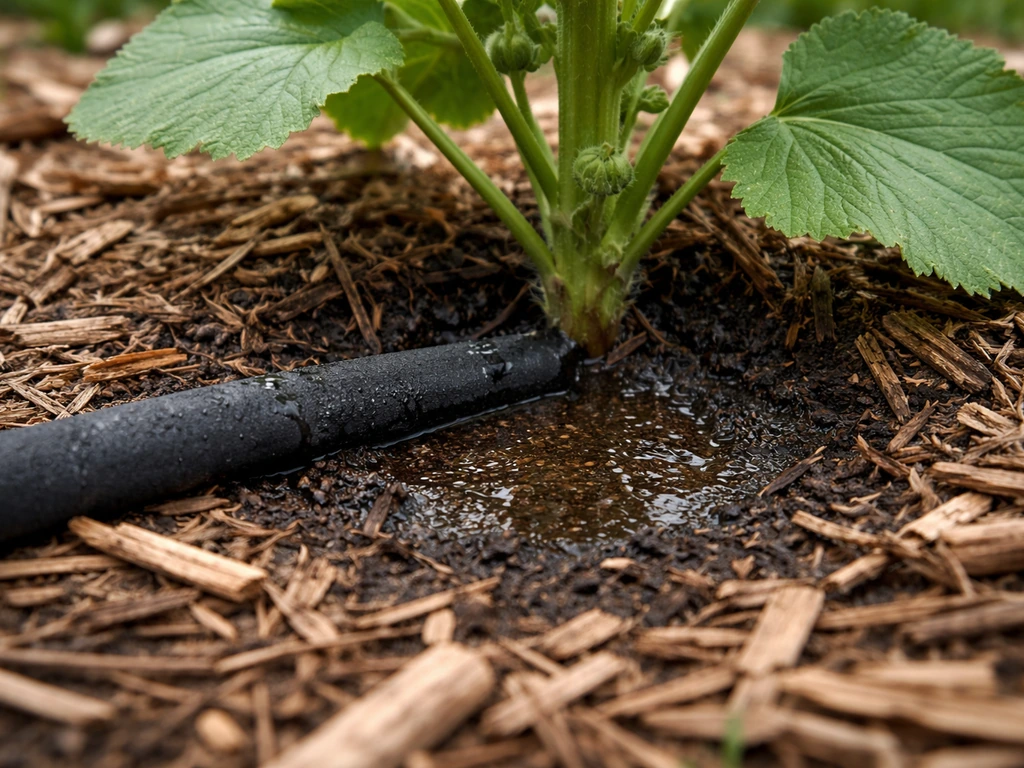 Soil being soaked at a hollyhock base with mulch pulled back and wet soil visible, not wet leaves.