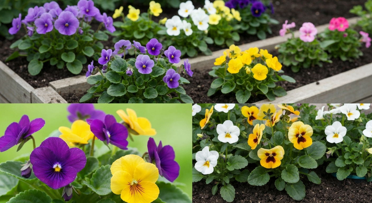Colorful outdoor violets and violas in a sunny garden bed and containers, close-up of varied blooms and healthy foliage.