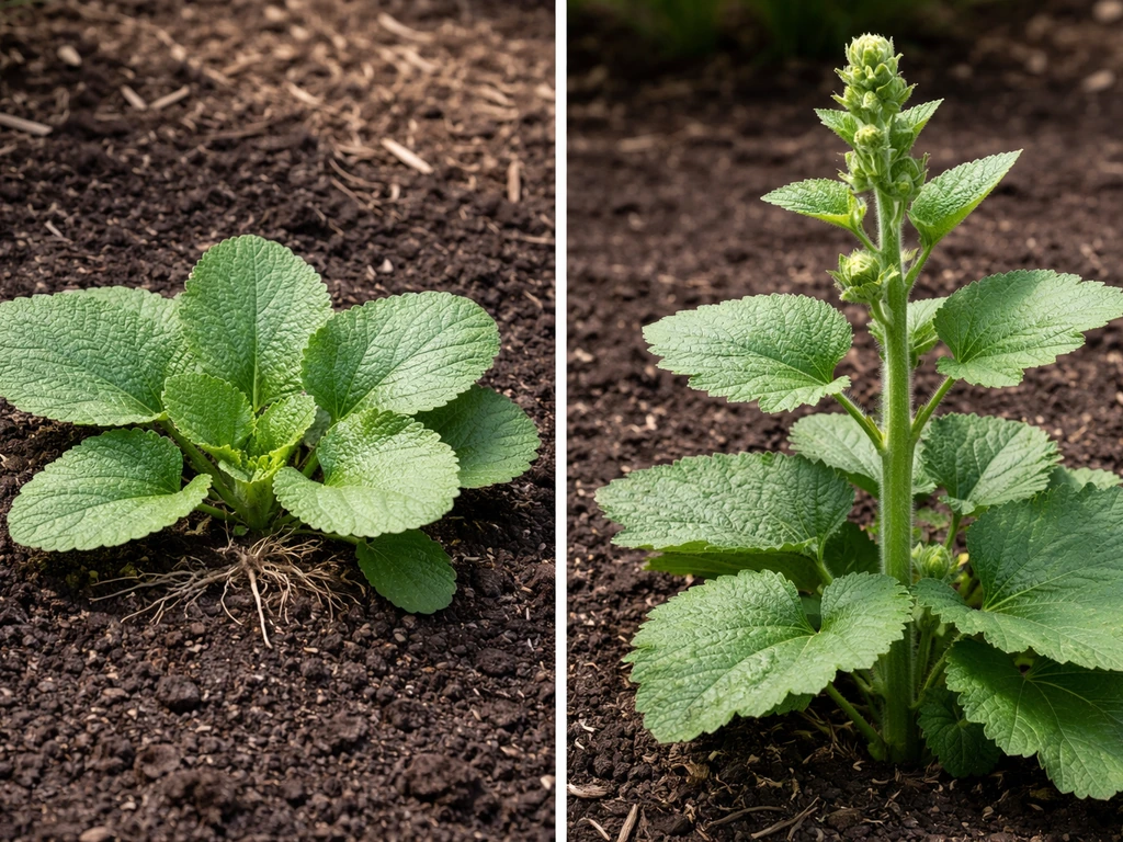 Close-up of hollyhock seedlings and a second-year stem in a simple garden bed, showing growth stages.