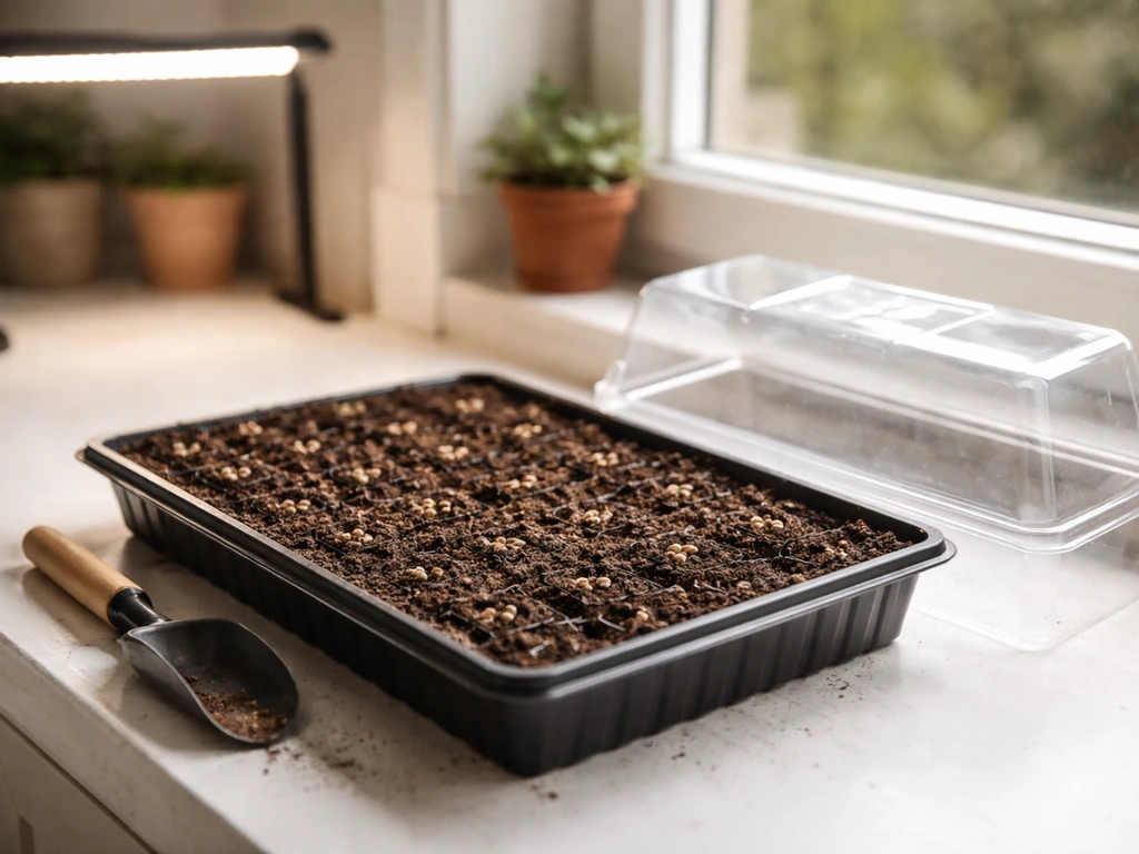 Seed tray with hollyhock seeds on a windowsill, with grow light in soft background, indoors.