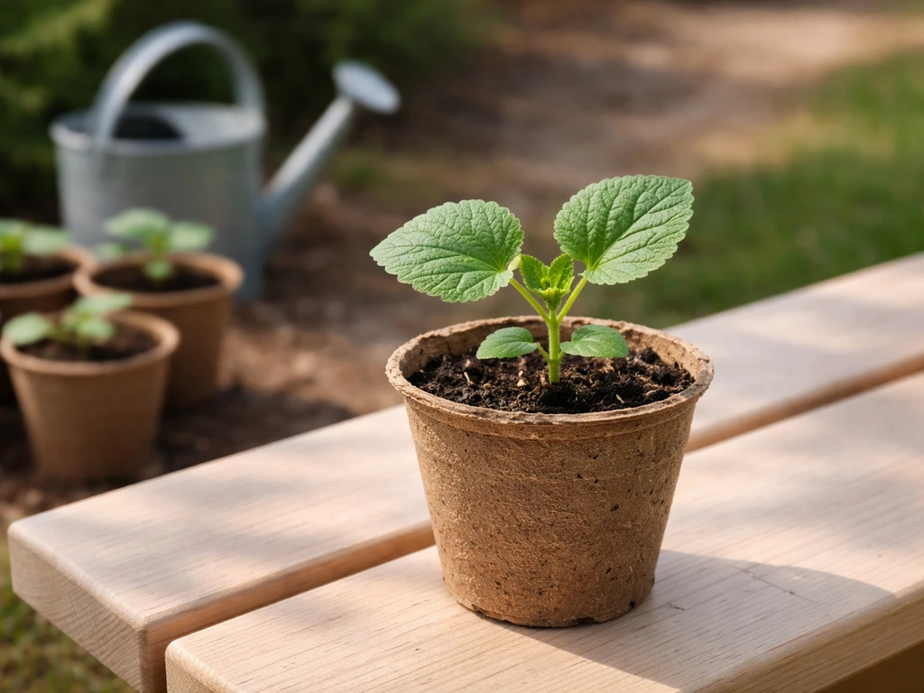 Close-up of hollyhock seedling in a pot with multiple true leaf sets on a wooden bench outdoors.