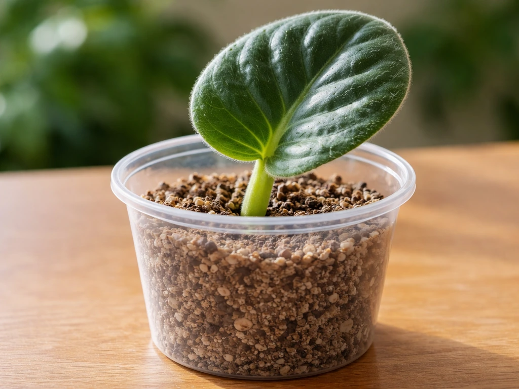 Healthy African violet leaf cutting inserted into a small rooting mix container for propagation.
