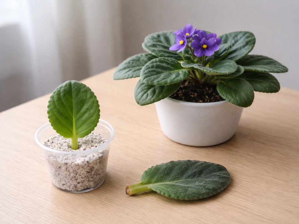 African violet plant with one leaf cutting in propagation cup and another leaf laid out to show not all work