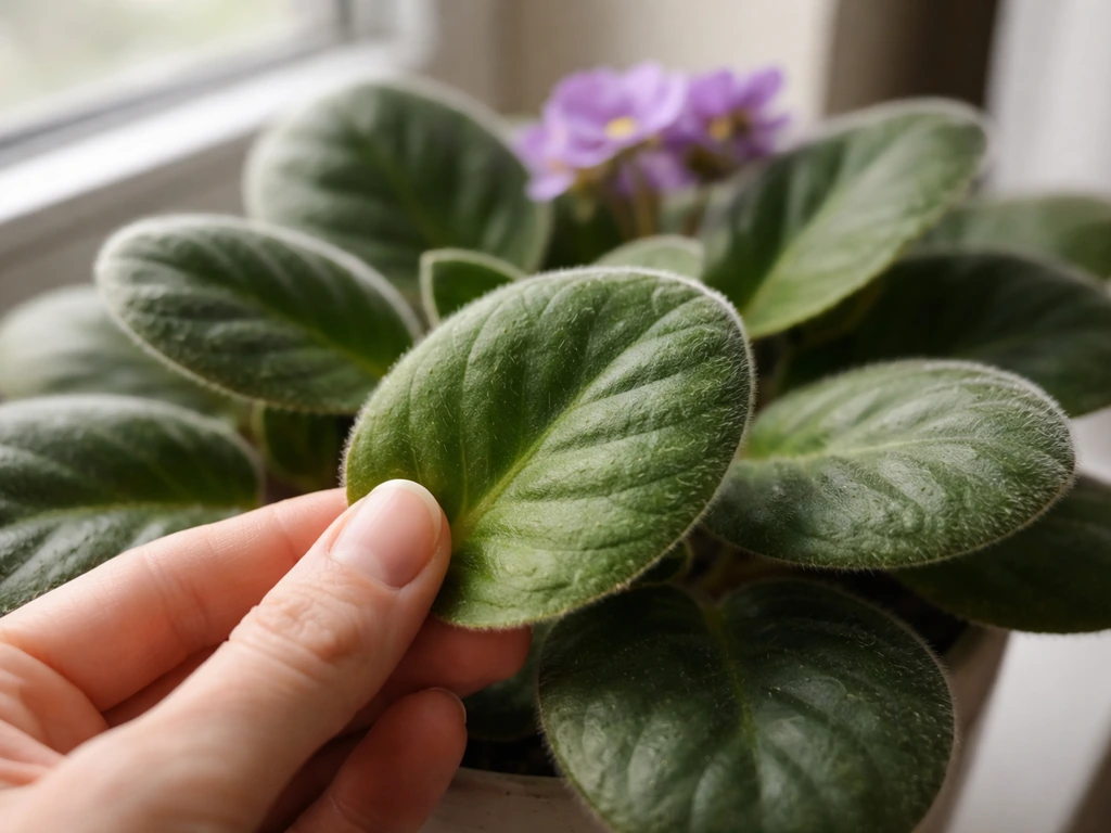 Close-up of an African violet where a hand selects a healthy mature leaf from the middle row.