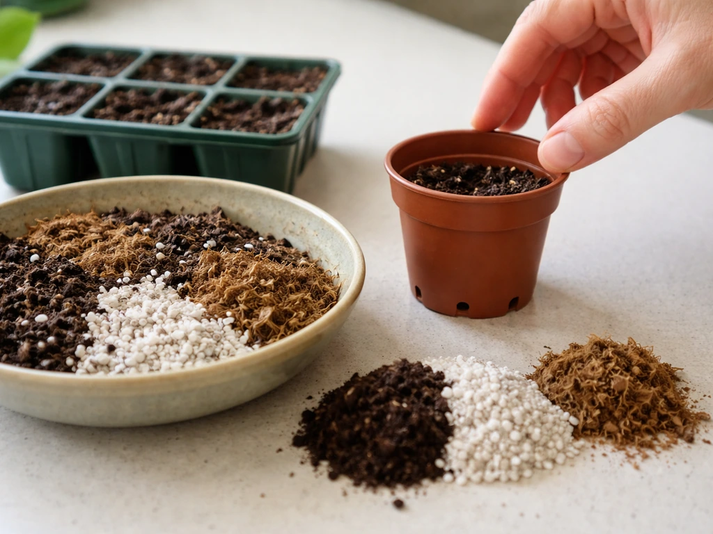Small pot with drainage holes and a prepared rooting mix beside peat, perlite, and soil