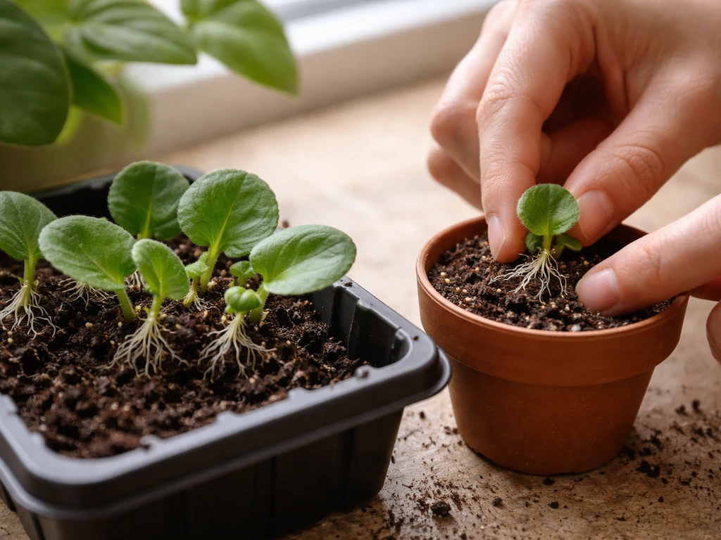 Hands placing separated baby African violet plantlets with roots into small pots on a bright windowsill.