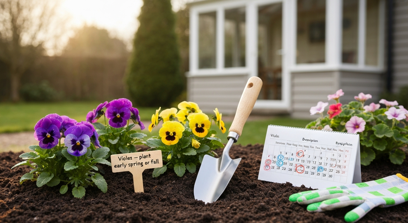 Violas planted in a cool-season garden bed with planting tools and a small calendar showing spring and fall planting windows.