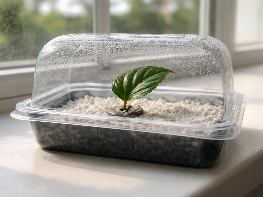 Semi-mature hibiscus leaf cutting rooted in perlite under a clear humidity dome in natural light.