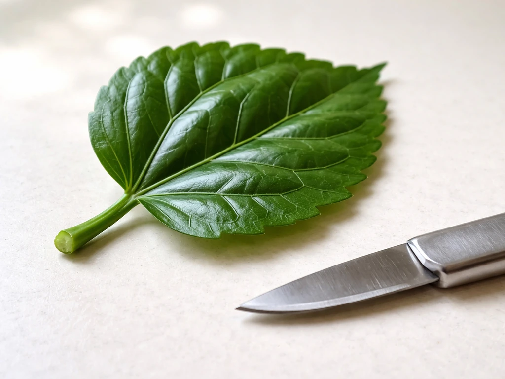 Close-up of a healthy tropical hibiscus leaf cutting with a clean cut end and a ready pruning blade