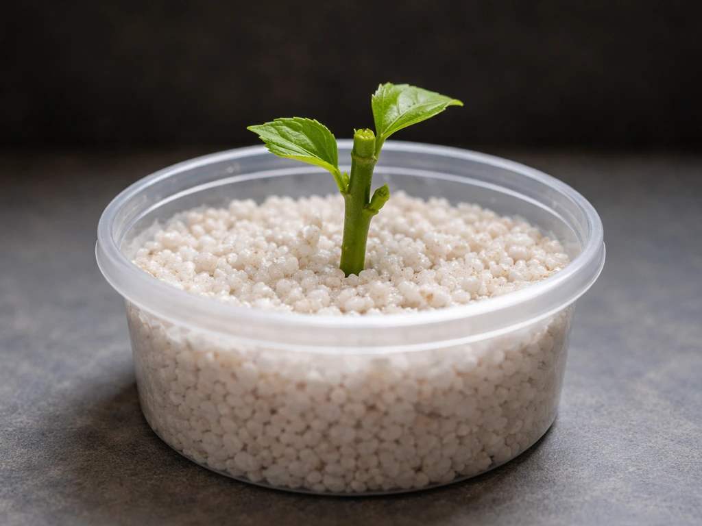 Moist perlite in a propagation container with a freshly inserted hibiscus cutting, no roots yet.